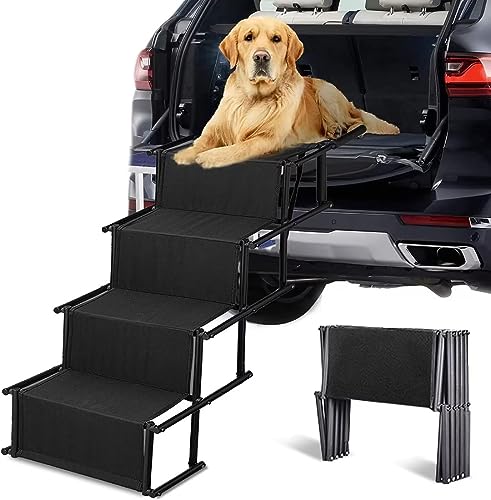 Foldable Dog Ramp Car Stairs Dog Ramps for Large Dogs Aluminum Frame 4 Steps Dogs Portable & Lightweight Pet Stairs Dog Stairs for Medium and Large Nonslip Pet Ramp for Cars Trucks and SUV