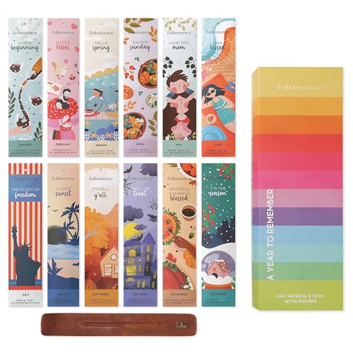 Folkulture Incense Sticks Gift Set - Pack of 12 Insenses (240 Sticks) with Incense Holder - Pumpkin Spice Honeysuckle Orange & Cinnamon Vanilla Lily Lilac Apple Tart Inscents-Sticks- Year to Remember