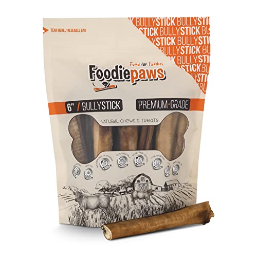 FOODIEPAWS All Natural 6-inch Mega Bully Sticks Odor Free USA Packed for Medium, Large Dogs-100% Free-Range Grass-Fed Beef-Single Ingredient & Rawhide Free-Longer Lasting Dental Dog Chews 5 Pcs