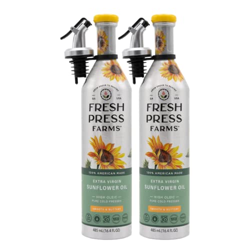 Fresh Press Farms Cold Pressed Extra Virgin Sunflower Oil, 16.4 Fl Oz (Pack of 2), High Oleic, Georgia Grown, 100% American Made, Unrefined, Certified Whole30, Non-GMO, Keto, Paleo, Gluten Free