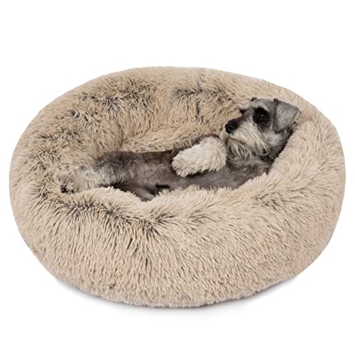 Friends Forever Donut Dog Bed Faux Fur Fluffy Calming Sofa For Medium Dogs, Soft & Plush Anti Anxiety Pet Couch For Dogs, Machine Washable Coco Pet Bed with Non-Slip Bottom, 30"x30"x7" Tan