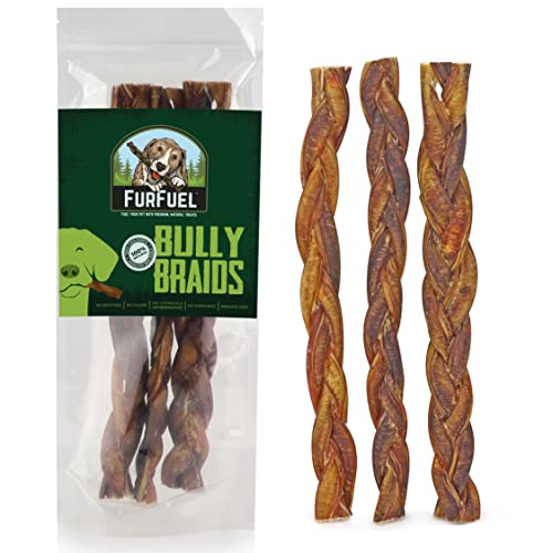 FURFUEL Braided Bully Sticks for Large Dogs, Medium & XL Dogs. 3 Pack, 12 Inch Bully Sticks Braided Treats. Low Odor, Natural Bully Braided Sticks