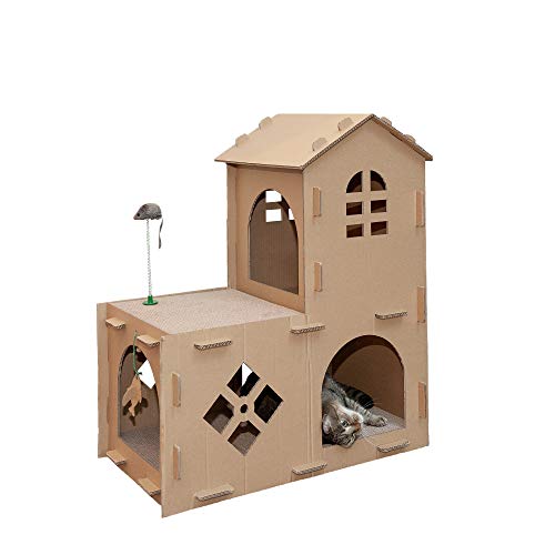 Furhaven Multi-Level Cardboard Cat House w/ Catnip for Indoor Cats, Ft. Scratching Pads & Toys - Farmhouse Corrugated Cat Scratcher Hideout - Cardboard Brown, One Size