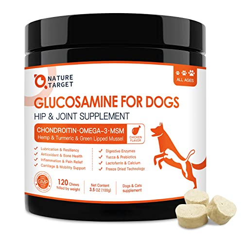 Glucosamine for Dogs, Hip and Joint Supplement, Chondroitin, Omega-3, MSM, Hemp, Turmeric for Pain Relief, Dog Glucosamine with Calcium for Bone Health, 120 Chicken Flavored Crunchy Chews