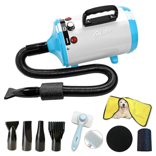 GOLADA Dog Dryer, Pet Grooming Hair Dryer - Dog Hair Dryer with Adjustable Temperature and Speed for Pet Grooming，with Pet Brush, Pet Towel, 4 Different Nozzles (White Blue)