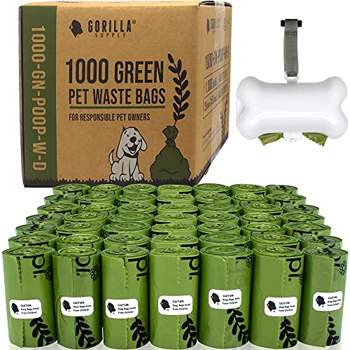 GORILLA SUPPLY Dog Poop Waste Bags with Dispenser and Leash Tie, 9" x 13", Green, 1000 Count