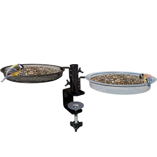 Gray Bunny Bird Feeder Tray and Bird Bath Set Deck Mounted with 360-degree Rotation, Adjustable Clamp, Removable Dish - Weather Proof