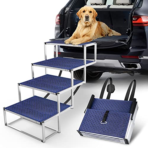 GREENBOX Extra Wide Dog Car Stairs for Large Dogs, Foldable Aluminum Lightweight Steps Car, Truck and SUV with Non-slip Portable Pet Suitable Old Dogs & Cats, 5 Supports 250 lbs, Blue, PR-1