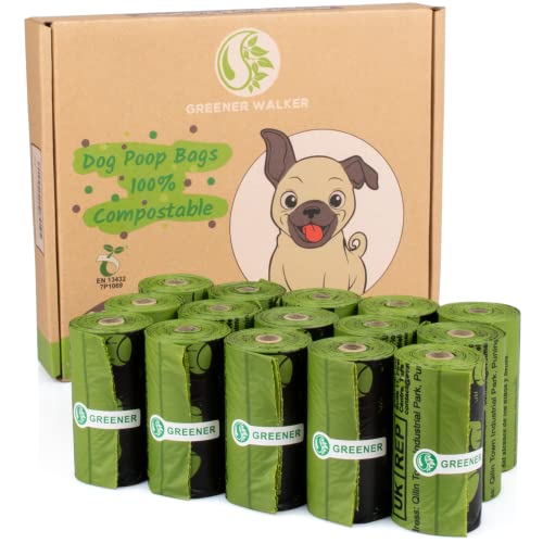 GREENER WALKER 100% Compostable Poop Bags for Dog Waste, 20% Extra Thick and Durable 225 Poop Bags for Doggie with EN13432 Certified and ASTM D6400 (Green)