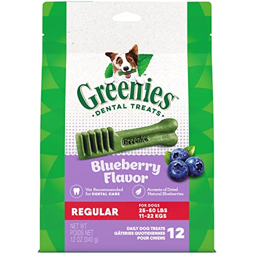 GREENIES Regular Natural Dog Dental Care Chews Oral Health Dog Treats Blueberry Flavor, 12 oz. Pack (12 Treats)