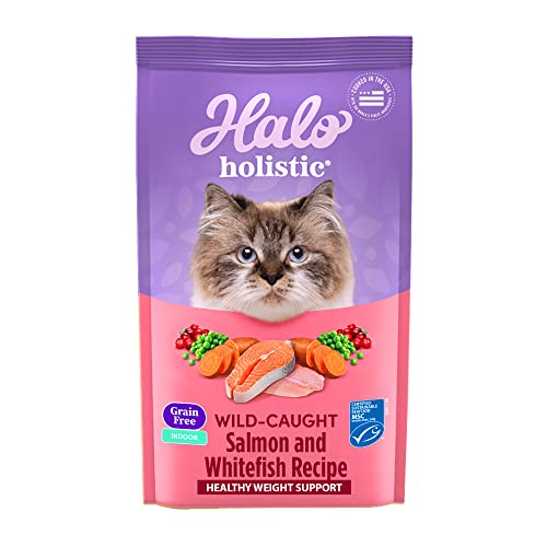 Halo Holistic Indoor Cat Food Dry, Grain Free Wild-caught Salmon & Whitefish Recipe for healthy weight support, Complete Digestive Health, Dry Cat Food Bag, Adult Formula, 6-lb Bag