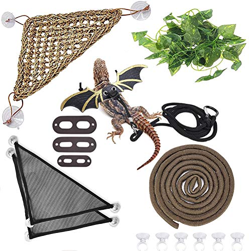 Hamiledyi Bearded Dragon Tank Accessories Lizard Hammock Climbing Jungle Vines Adjustable Leash Bat Wings Flexible Reptile Leaves with Suction Cups Reptile Habitat Decor for Gecko,Snakes,Chameleon