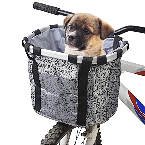 Hamiledyi Dog Basket for Bike - Folding Pet Bycicle Carrier Soft-Sided Detachable Front Basket - Small Medium Cat Dog Cycling Carrier 15 lbs - Easy Install Quick Released