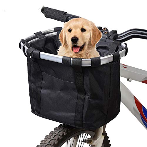 Hamiledyi Dog Bike Basket - Folding Soft-Sided Bycicle Carrier Detachable Front Basket - Small Medium Cat Dog Cycling Carrier 15 lbs - Easy Install Quick Released