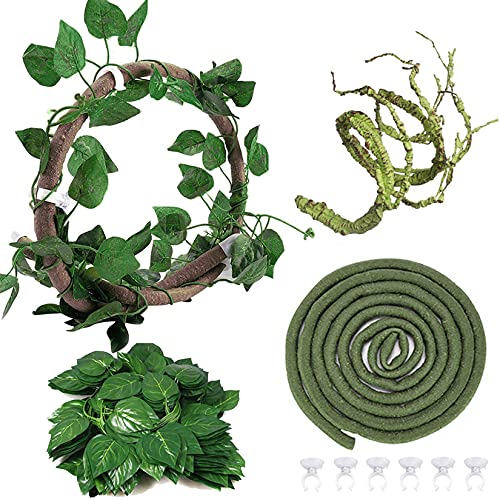 Hamiledyi Lizard Climbing Jungle Vines 9.8FT Flexible Reptile Leaves with Suction Cups Reptile Tank Habitat Decor for Gecko, Snakes,Chameleon,Bearded Dragon