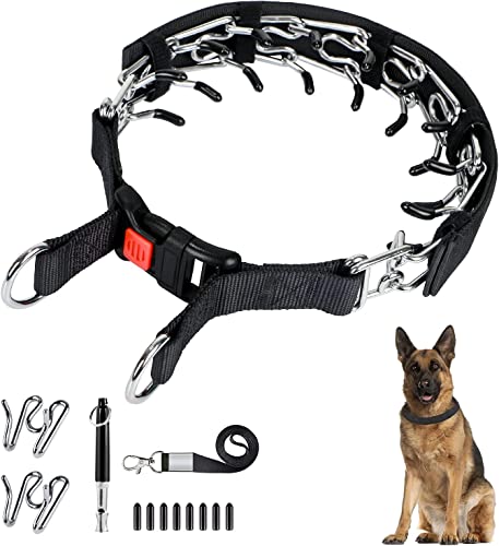 Hanbramo Dog Prong Traing Collar, Choke Pinch Collar for Dogs [2 Extra Links][Dog Whistle][Cover] with Snap Buckle and Rubber Caps, No Pull Dog Collar for Medium Large Breed Dogs [Medium]