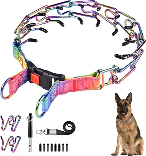 Hanbramo Dog Prong Traing Collar,Choke Pinch Collar for Dogs [2 Extra Links][Dog Whistle][Color] with Martingale Chain and Rubber Caps, No Pull Dog Collar for Medium Large Breed Dogs [Small]