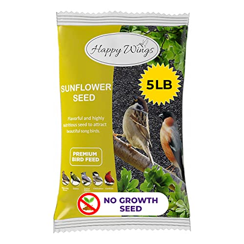 Happy Wings Black Oil Sunflower Bird Food, 5 Pounds | No Grow Seed | Bird Seed for Wild Birds