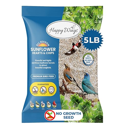 Happy Wings Sunflower Hearts & Chips - Sunflower Kernels and Chips Bird Food- 5 Pounds I No Mess, No Waste Seed| No Grow Seed | Bird Seed for Wild Birds
