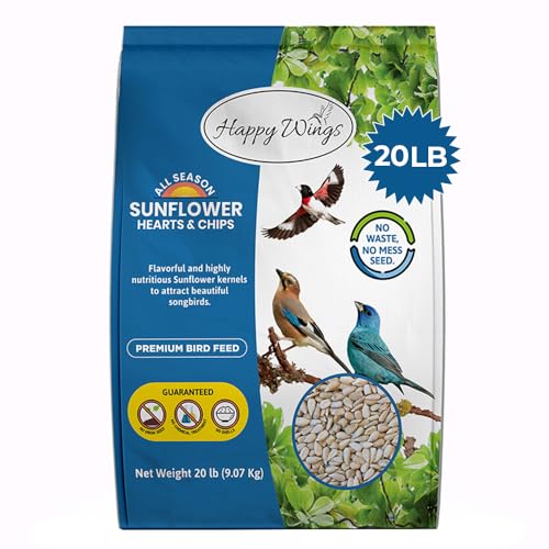 Happy Wings Sunflower Hearts & Chips - Sunflower Kernels and Chips Bird Food- 20 Pounds I No Mess, No Waste Seed| No Grow Seed | Bird Seed for Wild Birds