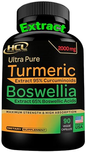 HCL HERBAL CODE LABS Turmeric Boswellia Extract Supplement 2000 mg – Strong Natural Joint Support Pills – Extra Strength Boswellia Serrata with Turmeric Curcumin Powder 90 Capsules