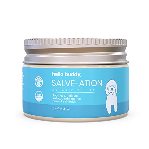 HELLO BUDDY Dog Salve-ation Organic Skin Relief for Dogs & Cats - Premium Sunflower, & Olive Oils, Shea Butter, Vitamin E & Beeswax - Gently Moisturizes Dry & Itchy Skin, Hots Spots and Allergies