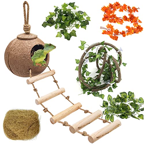 HERCOCCI Leopard Gecko Tank Accessories, Coconut Shell Ladder Hideout Hole Reptile Climbing Vine Habitat Decor with 3 Pieces Colorful Plastic Plants for Chameleon Lizard Snake Hermit Crab