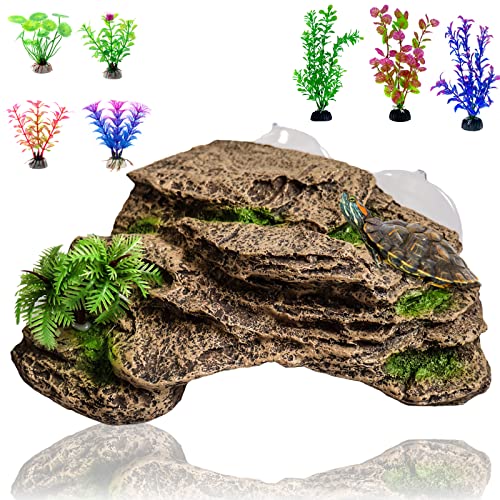 HERCOCCI Turtle Basking Platform Tortoise Climbing Ramp with Suction Cup Aquarium Ornament Rock Plastic Plants Tank Accessories for Turtle Frog Reptiles Landscaping