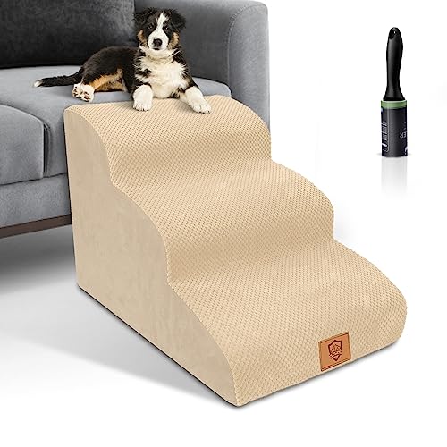 HEVOL 3 Steps Dog Stairs,High Density Foam Dog Ramps for Bed and Couche,Non-Slip Pet Steps with Waterproof Fabric Cover for Older Dogs,Pet with Joint Pain, Send 1 Pet Hair Remover Roller