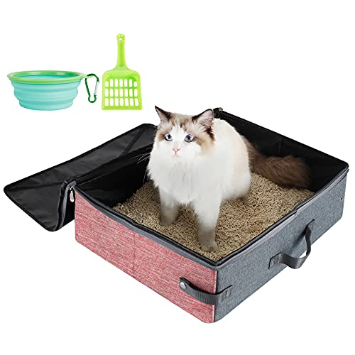 HiCaptain Portable Cat Litter Box with Lid and Handle Standard Portable Collapsible Litter Carrier for Cat (M,Pink/Gray)