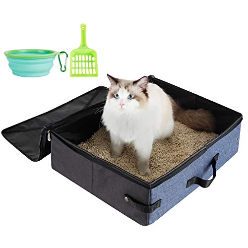 HiCaptain Portable Travel Litter Box, Foldable Cat Litter Box with Lid and Handle Standard Lightweight Collapsible Litter Carrier for Cat Travel(M,Black/Blue)