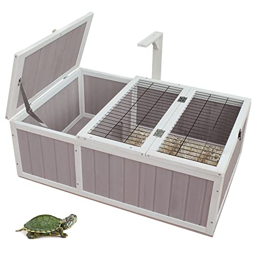 HiCaptain Wooden Tortoise House, Large Tortoise Habitat Cage Indoor Outdoor Tortoise Enclosure Turtle Habitat for Small Reptile Animals-Grey