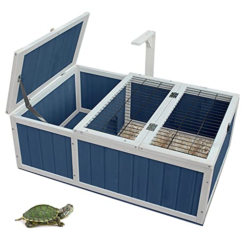 HiCaptain Wooden Tortoise House, Large Tortoise Habitat Cage Indoor Outdoor Tortoise Enclosure Turtle Habitat for Small Reptile Animals-(Navy Blue)