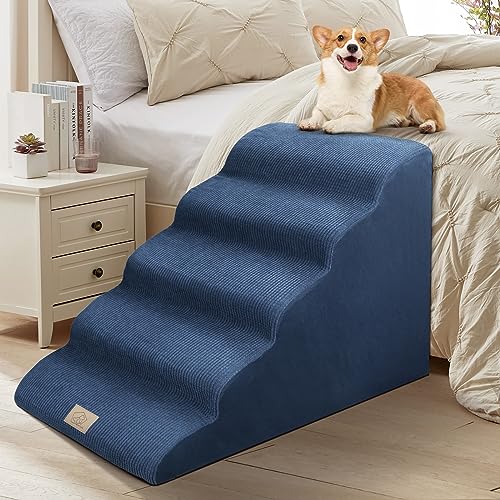 High Density Foam 5 Tiers Dogs Ramp Stairs,23'' Height Pet Stairs for Joint Injury,Old,Short Leg Pets to Reach Couch Bed,Indoor Non-Slip Bottom Pet Ramp-Machine Washable,Gift 1 Lint Roller Set