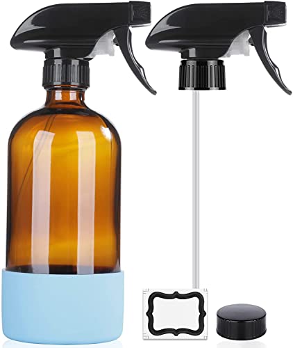 HOMBYS 16 Oz Amber Glass Spray Bottles with Silicone Sleeve,Empty Boston Bottle Spray Bottle with Adjustable Nozzle,Refillable Container for Cleaning, Essential Oils, Hair, Plants-1 Pcs (Sky Blue)