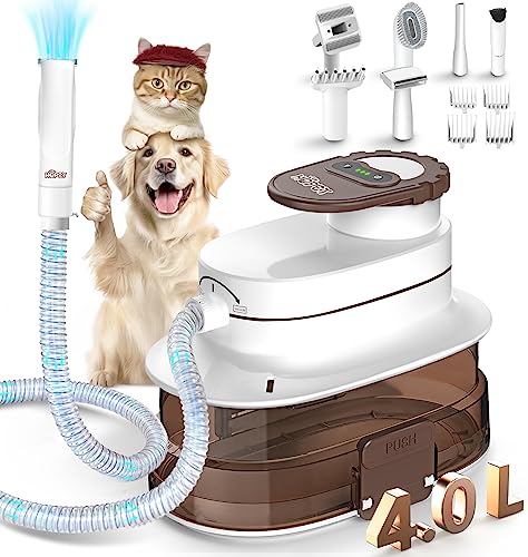 HOPET Pet Grooming Kit - 4.0L Blowing & Sucking Pet Grooming Vacuum, 99% Pet Hair Suction. Quiet Professional Grooming Clippers & Pet Heat Blowers with 7 Proven Tools for Dogs, Cats & More