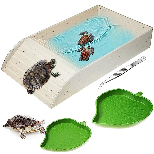 Hsei 4 Pcs Tortoise Water Bowl with Ramp, Turtle Feeding Dish with Basking Platform and Tweezer, Reptile Water Dish Tortoise Habitat Accessories Food Plates for Turtles,Horned Frogs Lizards(White)