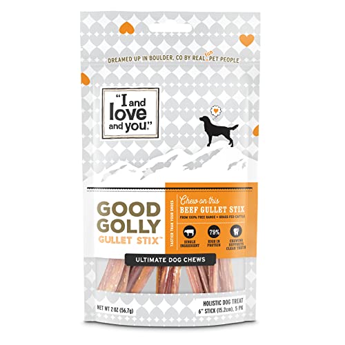 "I and love and you" Good Golly Beef Gullet Sticks - Grain Free Dog Chews, 100% Beef Treats for Dental Health, Free Range & Grass Fed Beef, 5 Pack of 6-Inch Sticks