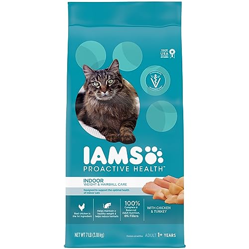 IAMS PROACTIVE HEALTH Adult Indoor Weight Control & Hairball Care Dry Cat Food with Chicken & Turkey Cat Kibble, 7 lb. Bag