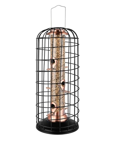 iBorn Squirrel Proof Bird Feeder Pigeon Proof Cage Bird Feeder for Outside with Squirrel, Pestoff Hanging Wild Bird Seed Feeder for Mix Seed Blends, Heavy Duty All Metal Copper 14 Inch