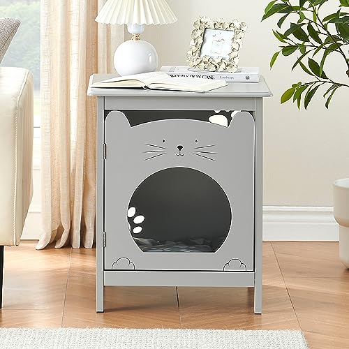 IDEALHOUSE Nightstand & Cat House, Side Table Pet House with Door, Vent, Soft Mat, Home Decorative Side Table, Indoor Furniture Pet Crate, End Table Nightstand for Living Room Bedroom (Grey)