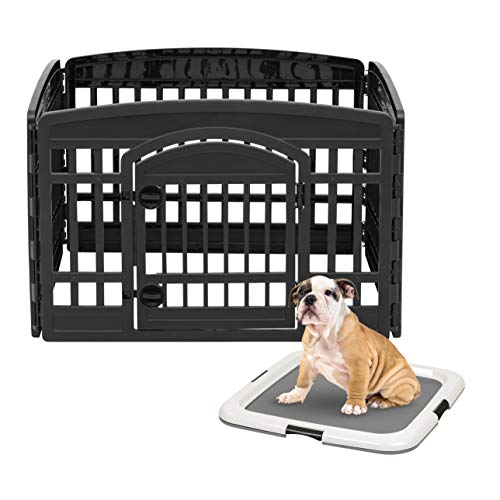 IRIS USA 24" Exercise 4-Panel Pet Playpen with Door and Square Training Pad Holder Set, Dog Playpen & Potty Pad Holder for Puppies and Small Dogs, Easy Assemble, Easy Storing, Floor Protection, Black