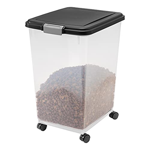 IRIS USA 50Lbs./69Qt. WeatherPro Airtight Pet Food Storage Container with Attachable Casters, For Dog Cat Bird and Other Pet Food Storage Bin, Keep Fresh, Translucent Body, Easy Mobility, Black