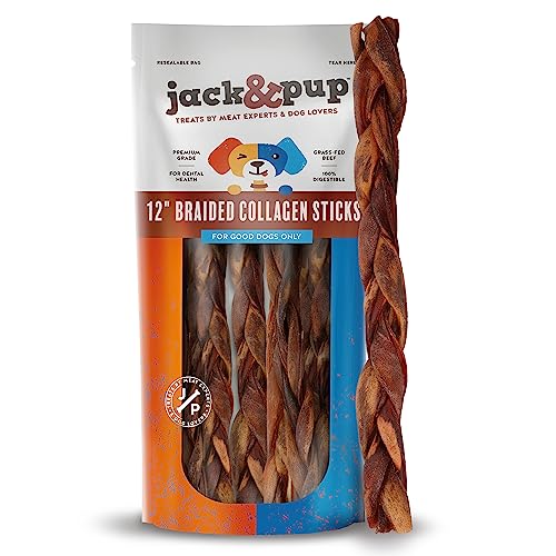 Jack&Pup 12" Braided Beef Collagen Sticks for Dogs - Rawhide Free Dog Chews Long Lasting Collagen Chews for Dogs - Bully Sticks Alternative (8 Pack)