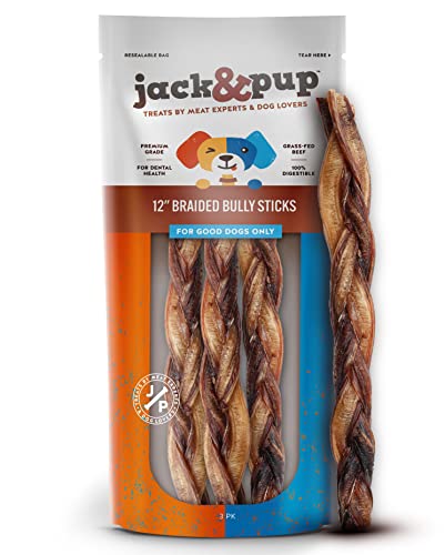Jack&Pup 12" Braided Bully Sticks | Long Lasting Bully Sticks for Large Dogs Aggressive Chewers | Single Ingredient, All Natural (3pk)