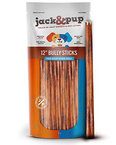 Jack&Pup 12" Bully Sticks Dog Chews | Odor Free Bully Sticks | Single Ingredient, All Natural Pizzle Sticks for Dogs (8oz, 5/6 Sticks)