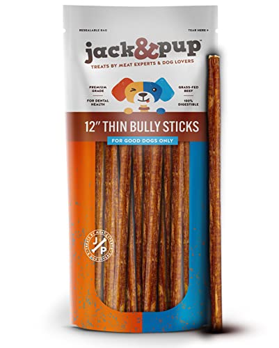 Jack&Pup 12 Inch Dog Bully Sticks for Small Dogs | Thin Odor Free Bully Sticks | All Natural, 100% Beef Pizzle Sticks (Thin, 12 Pack)