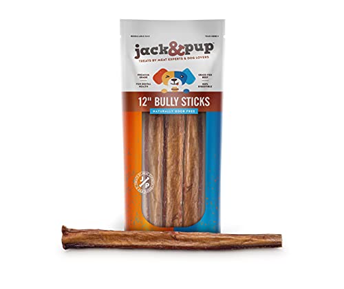 Jack&Pup 12-inch Premium Grade Odor Free Bully Sticks Dog Treats [Thick-Size] 12” Long All Natural Gourmet Dog Treat Chews – Fresh and Savory Beef Flavor – 30% Longer Lasting (3 Ct)