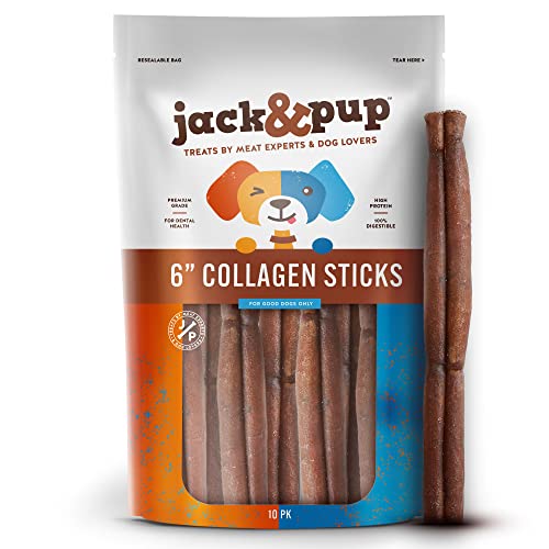 Jack&Pup 6" Beef Collagen Sticks for Dogs, Rawhide Free Dog Chews Long Lasting Collagen Chews for Dogs Healthy Dog Treats for Medium Dogs Joint Support for Dogs | Bully Stick Alternative (10 Pack)