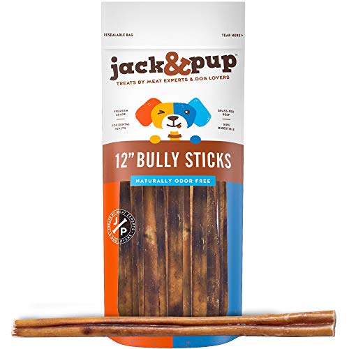 Jack&Pup Bully Sticks 12 Inch, Premium Grade Long Lasting Dog Bully Sticks for Large Dogs Aggressive Chewers - Natural Bully Sticks Odor Free 12" Large Bully Sticks for Medium Dogs (Bully Stick-10 pk)